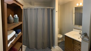 A bathroom with a shower curtain, a toilet, a sink, and a mirror. - JC's Place #2 (Hebron)