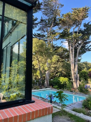 Area piscina con terrazza in legno, circondata da alberi e un edificio in vetro.
