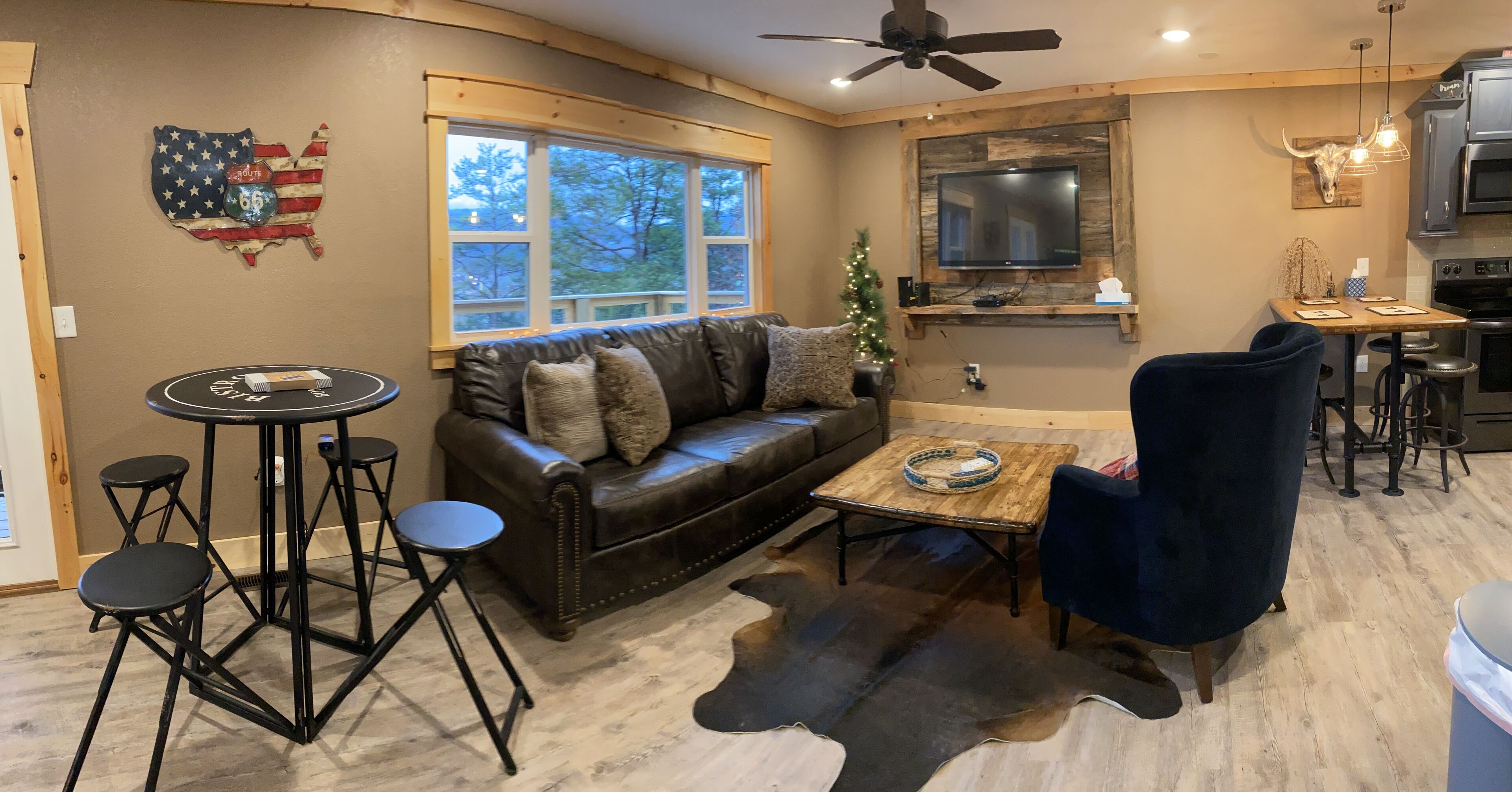 Smart TV, fireplace, books