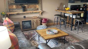 Smart TV, fireplace, books