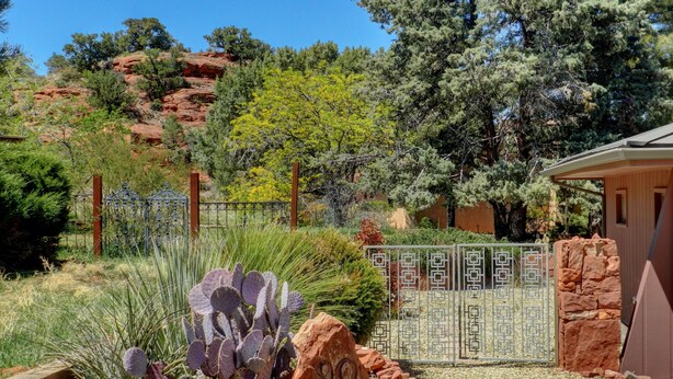Un jardin désertique avec des cactus, une porte en métal et un bâtiment en arrière-plan.
