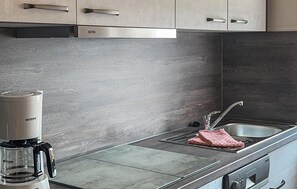 Fridge, stovetop, dishwasher, coffee/tea maker