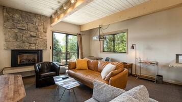 Smart TV, fireplace, DVD player, books