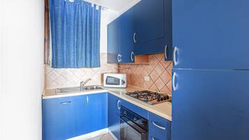 Fridge, stovetop, dishwasher, coffee/tea maker