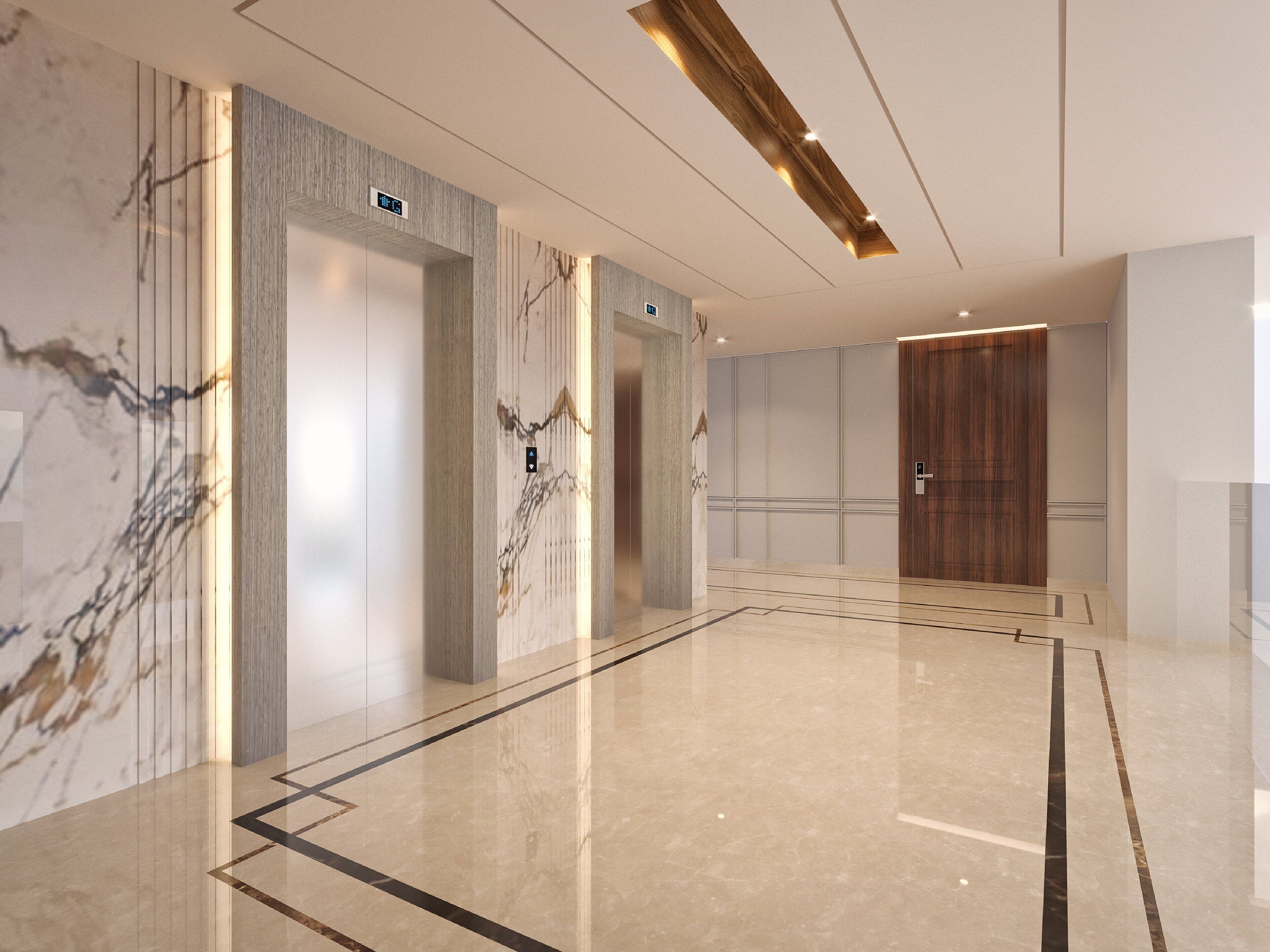 A modern hotel lobby with marble walls, a polished floor, and a wooden door.