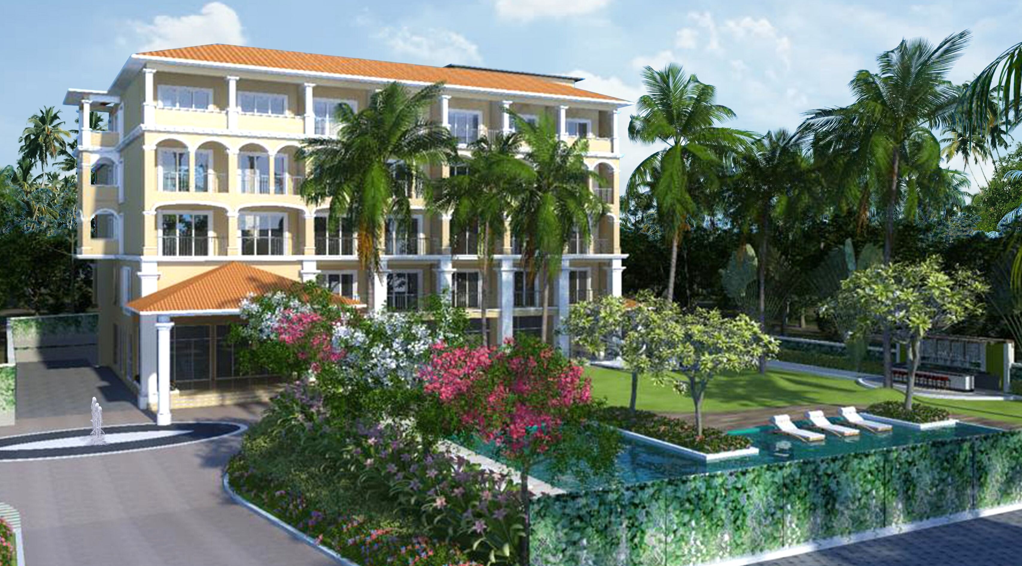 Un hôtel à plusieurs étages doté d’une cour intérieure, de palmiers et d’une piscine.