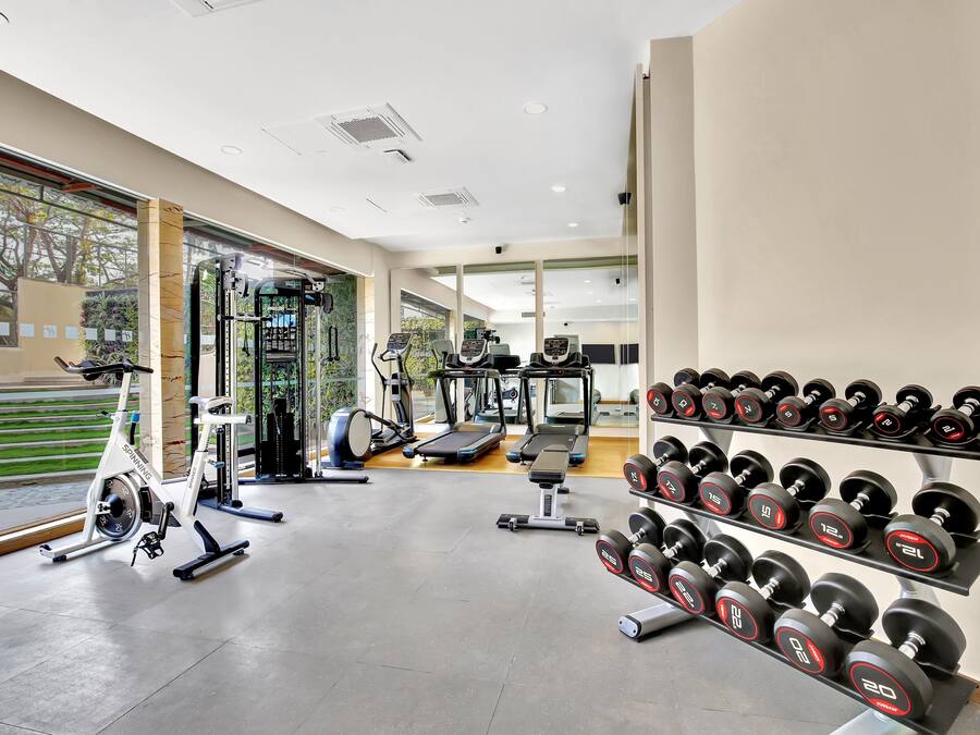 Un gimnasio con máquinas de cardio, bancos de pesas y mancuernas.
