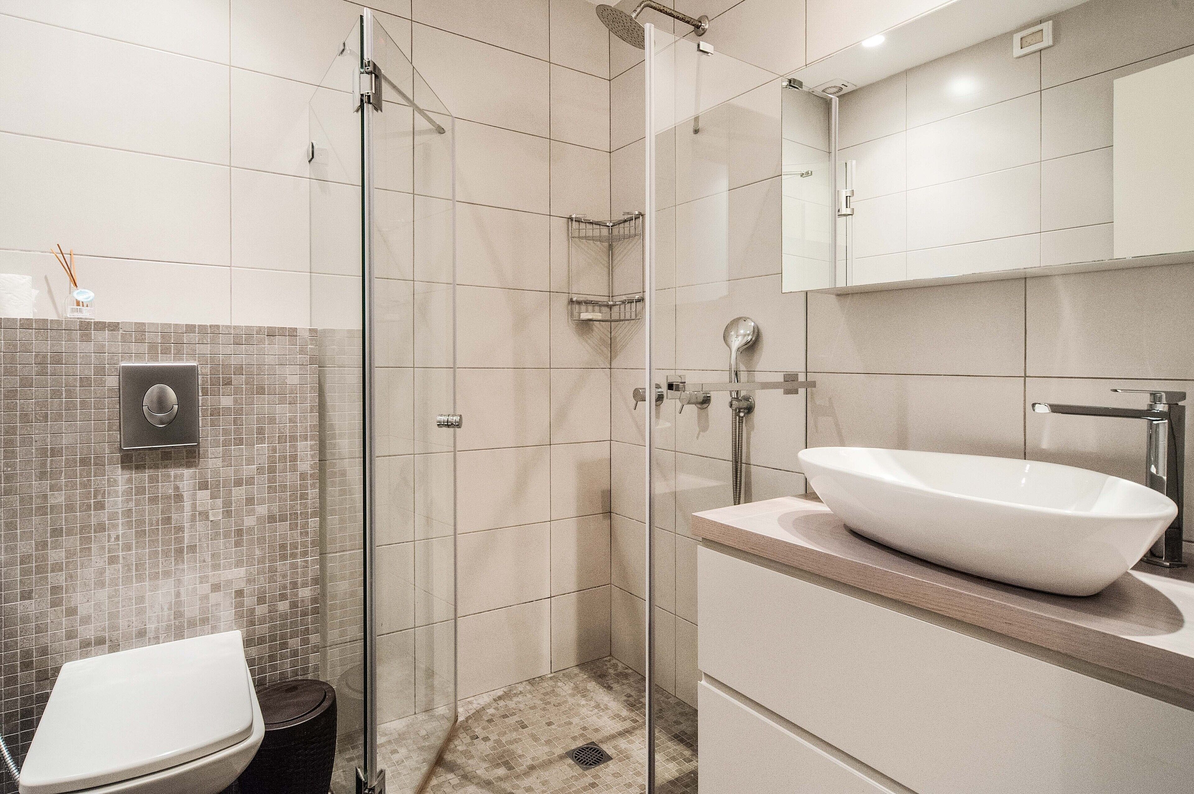 A modern bathroom with a glass shower enclosure, a white sink, and a toilet.