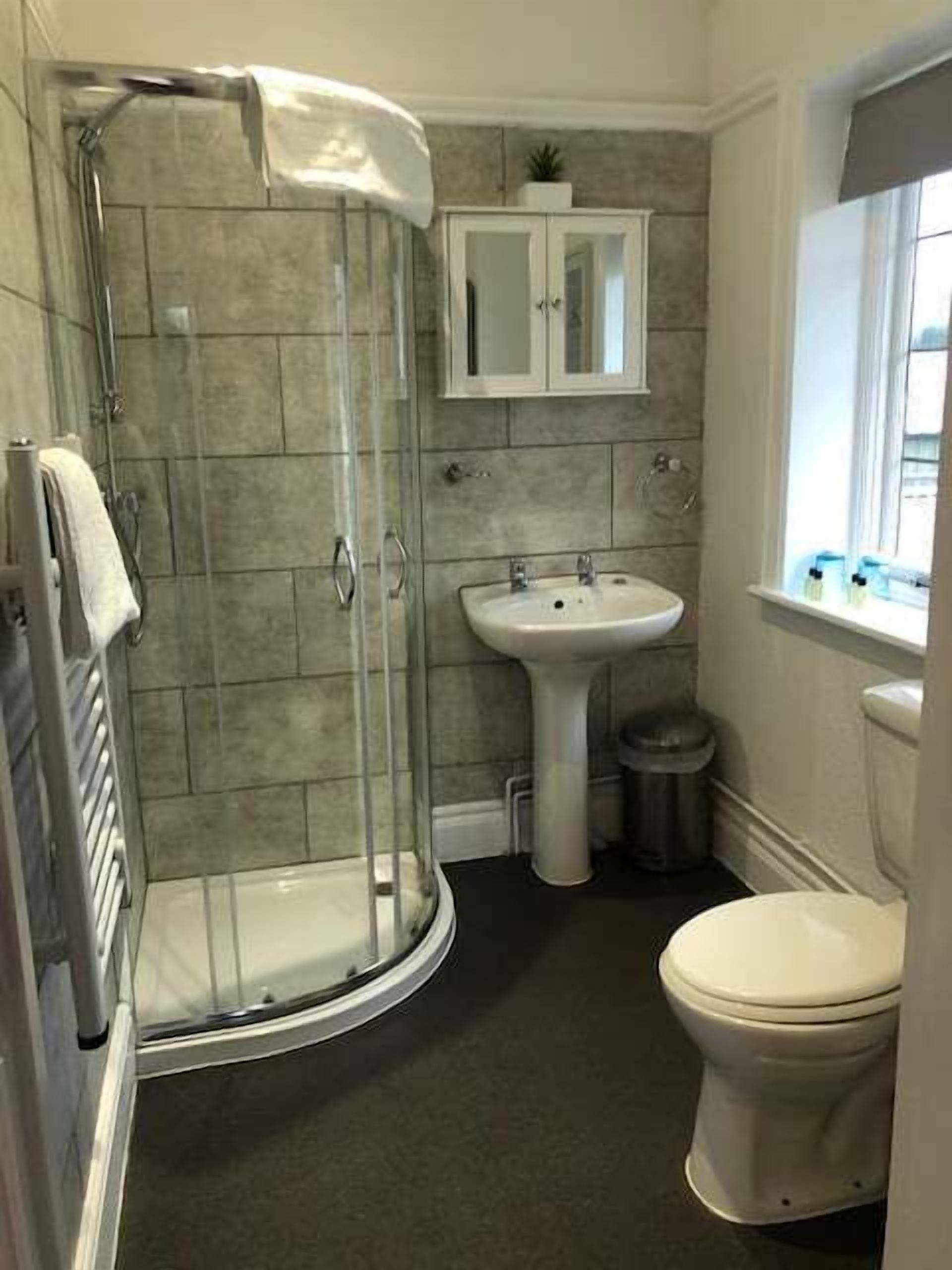 A bathroom with a glass-enclosed shower, a sink, and a toilet.