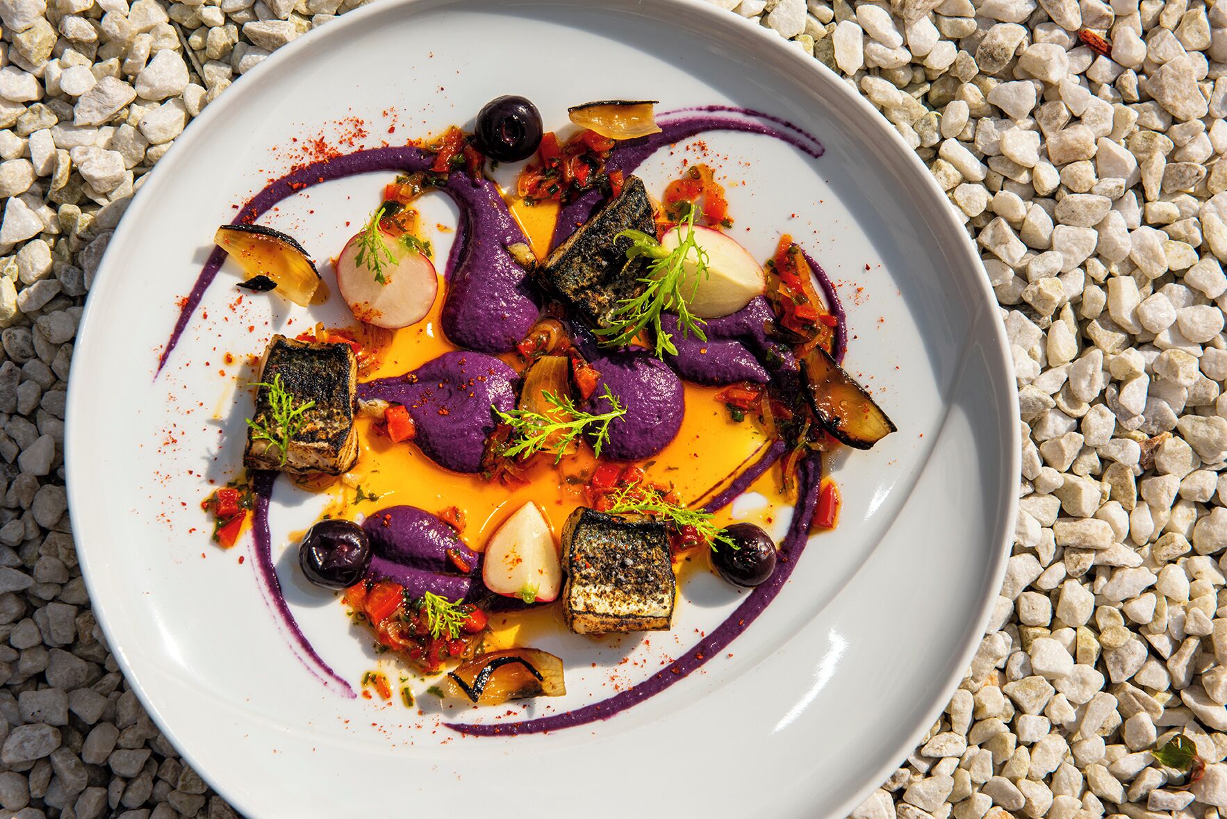 Un plato blanco con una variedad de alimentos, entre ellos verduras moradas, aceitunas y un pescado, dispuesto sobre un lecho de guijarros blancos.