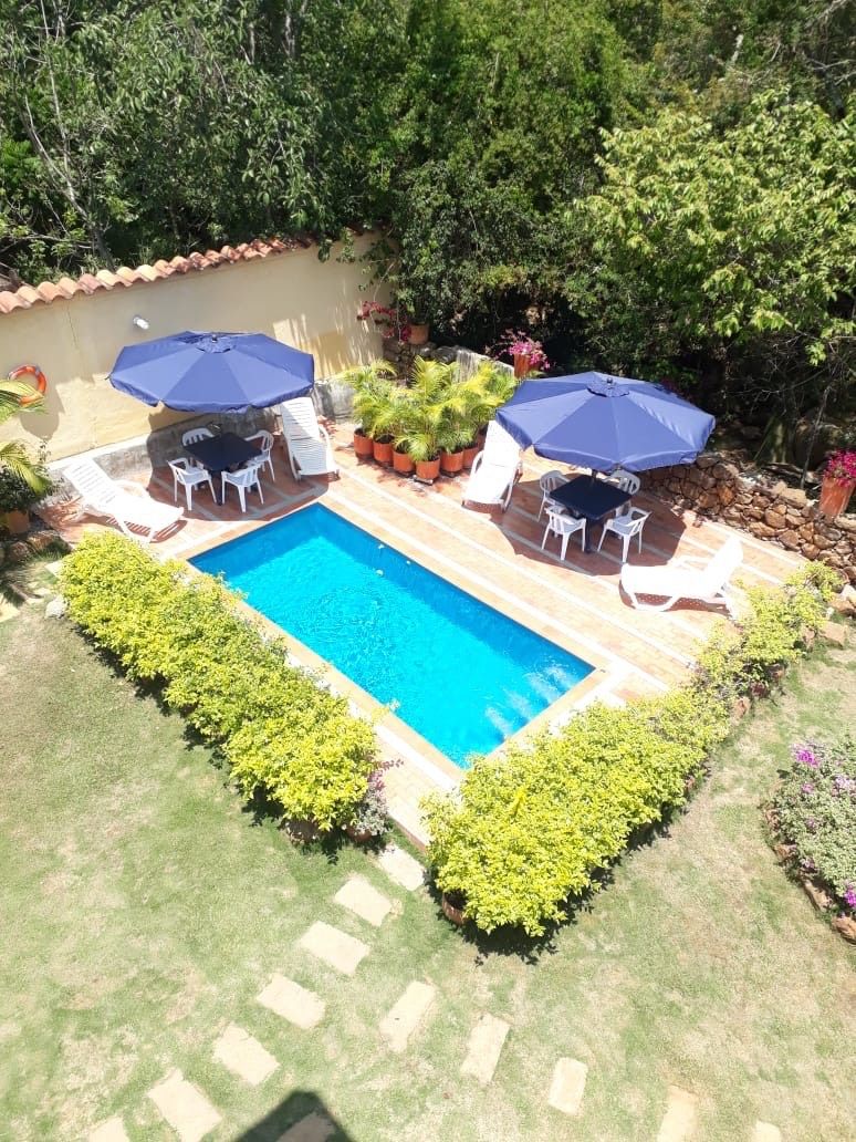 A rectangular swimming pool with two white lounge chairs and blue umbrellas on each side.