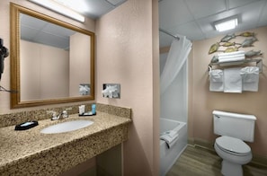 Combined shower/bathtub, hair dryer, towels, soap