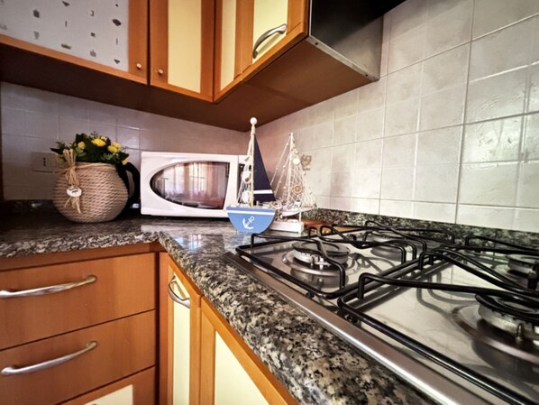 Fridge, microwave, stovetop, cookware/dishes/utensils