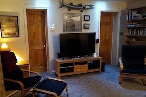Smart TV, fireplace, DVD player, books