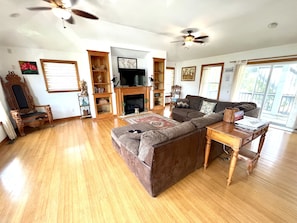 Smart TV, chimenea, reproductor de DVD y libros 