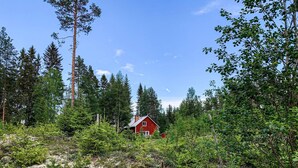 A red cabin surrounded by dense forest and tall trees. - 3 bedroom beautiful home in Ambjörby (Ambjörby)