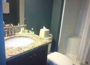 Tina con regadera, tina de hidromasaje, secadora de cabello, toallas