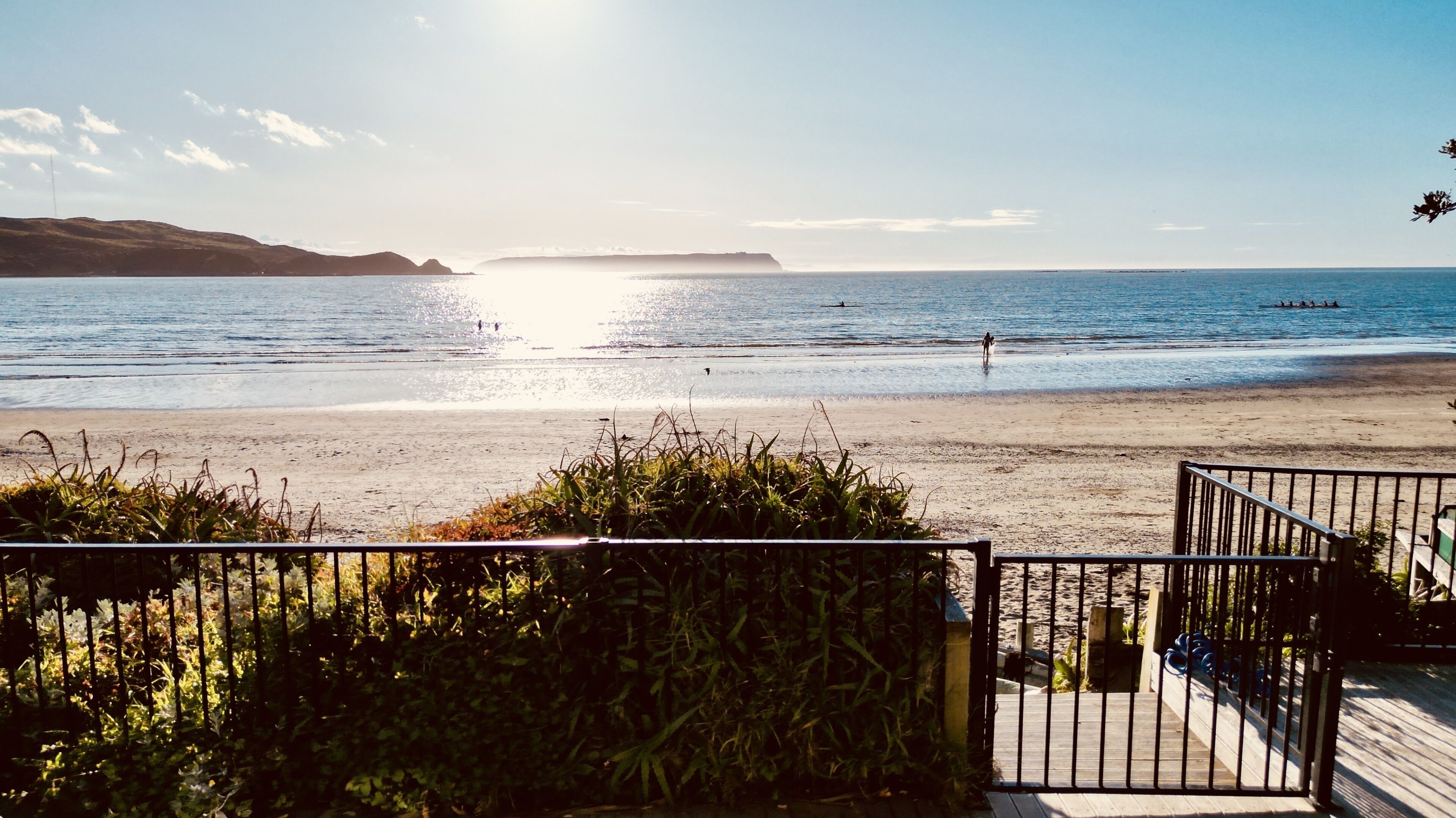On the beach, sun-loungers