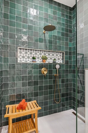 Hair dryer, towels, soap, shampoo