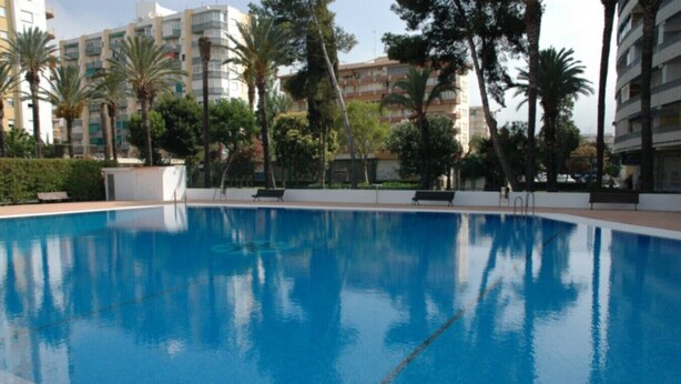 Ein Swimmingpool mit klarem, blauem Wasser, umgeben von Palmen und modernen Gebäuden.