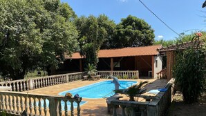 A swimming pool with a dolphin statue, surrounded by a stone fence and lush greenery. - Chacara Zabotto (São Carlos)