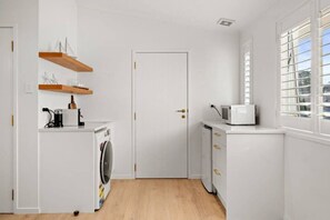 Fridge, microwave, coffee/tea maker, toaster