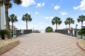 A paved walkway with palm trees, a fence, and a view of the beach.