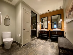 A bathroom with a toilet, a sink, and a mirror.