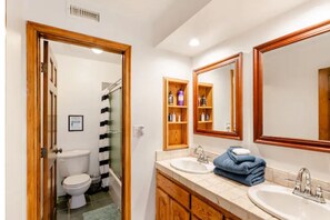 Combined shower/bathtub, hair dryer, towels, soap