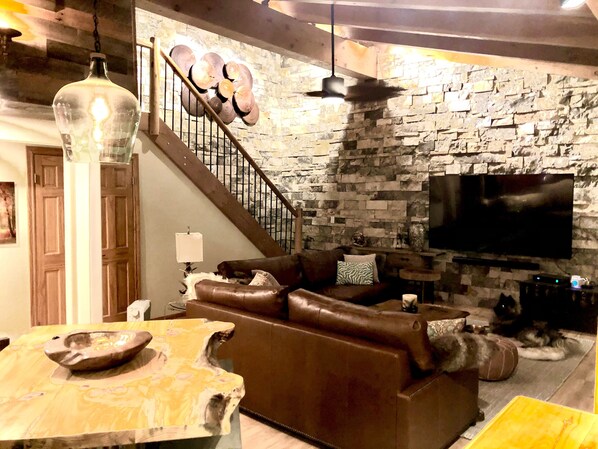 Smart TV, fireplace, video games, stereo