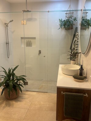 Hair dryer, towels, soap, shampoo