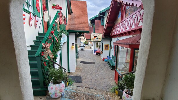 A narrow alleyway with a cobblestone path leading to a building with a sign reading "The Gourmet Shoppe." - Alpine •air•B&B- A Charming •air•B&B in Downtown Helen, GA! (Helen)