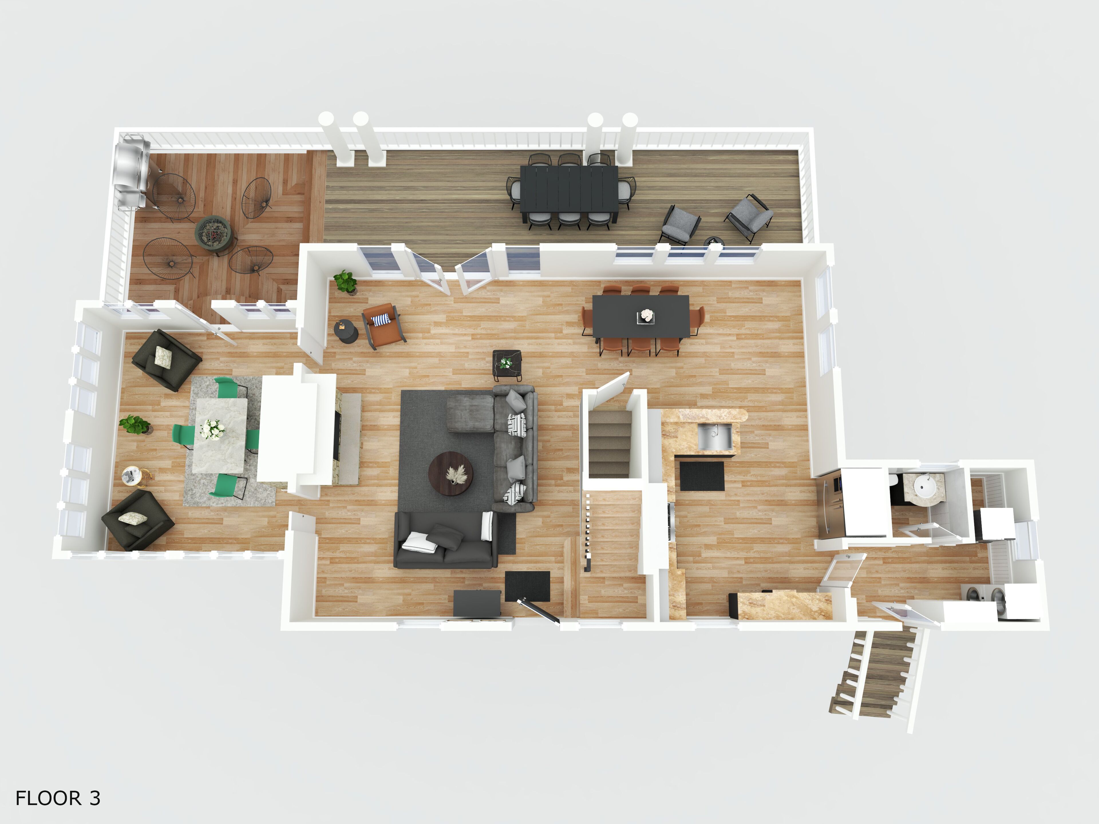 Plano de planta en 3D de un apartamento moderno, con sala de estar, comedor, cocina y un balcón.
