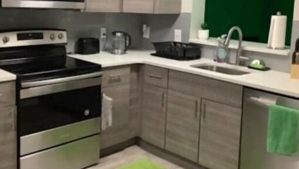 A modern kitchen with stainless steel appliances, grey cabinets, and a green accent wall. - Sale!!! Emerald Grande family home (Atlanta)
