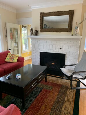 Smart TV, fireplace, DVD player, books