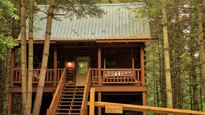 Una cabana de fusta amb un porxo, una escala i un rètol que diu "Chicory Cabin".