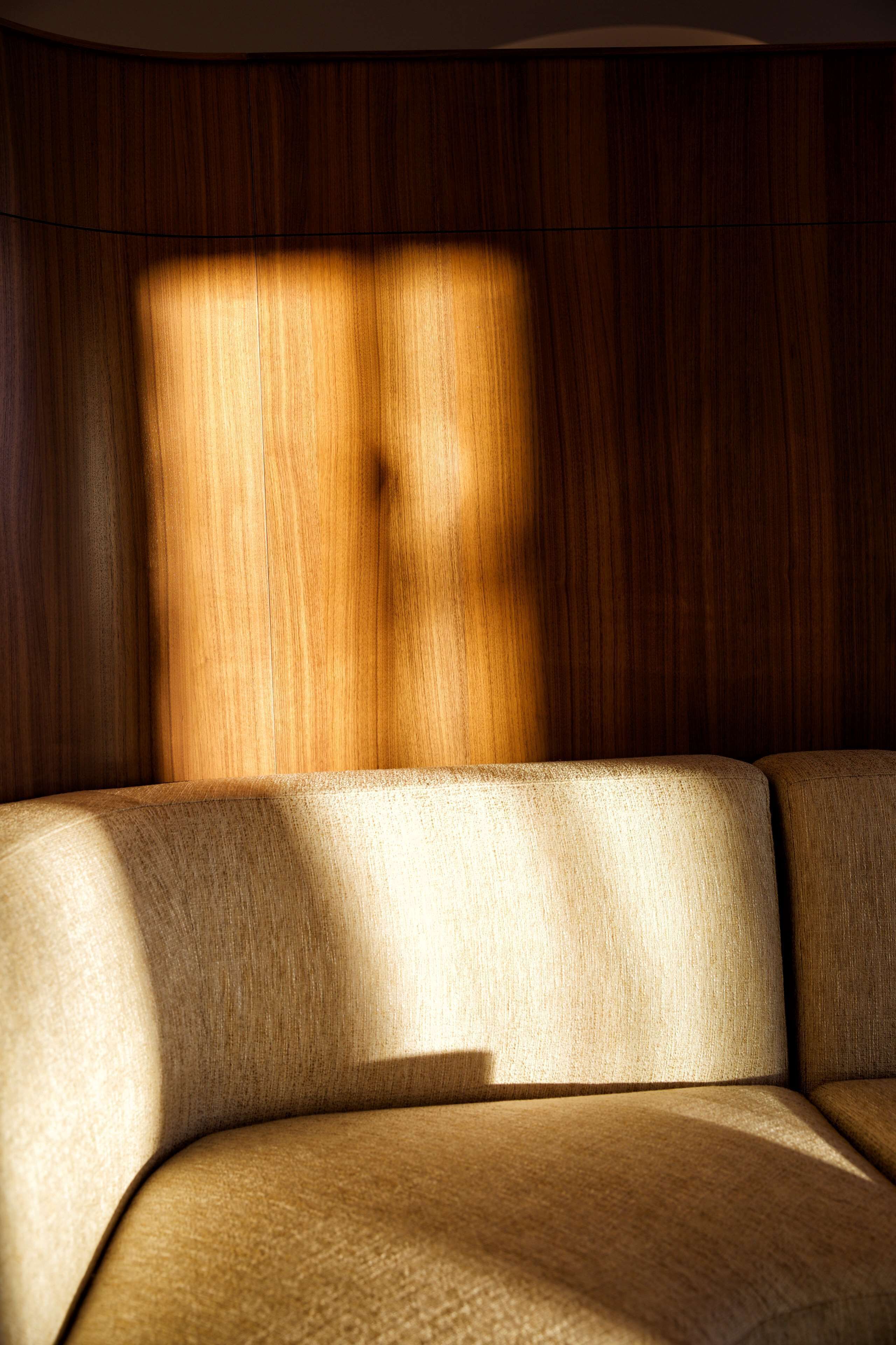 A wooden wall with a shadow cast on a beige upholstered sofa.