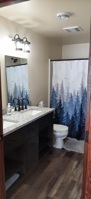 Regadera, toallas, papel de baño 