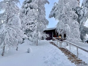 A snow-covered pathway leading to a building with a wooden staircase and metal railing.