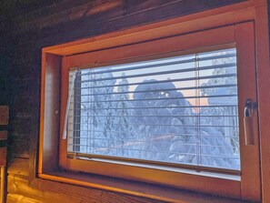 A window with horizontal blinds, a wooden frame, and a view of snow-covered trees.