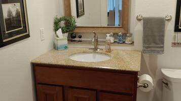 Un baño con tocador de madera, lavamanos, espejo, inodoro y un cubo de basura pequeño.