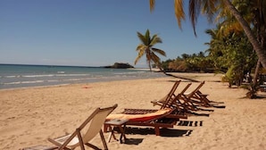 A beach with rows of wooden lounge chairs and a palm tree. - Spend all day on the Beach and Enjoy the Amenities Offerd (Nosy Be)