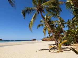 A beach with palm trees and a clear blue sky. - The Wonderful Hotel Belvedere la Villa, is Located North-west of Nosy be (Nosy Be)