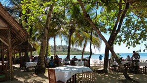 An outdoor dining area with tables and chairs under palm trees, overlooking a beach and the sea. - Stay at one of our Bungalows and Enjoy Your Relaxing Vacation (Nosy Be)