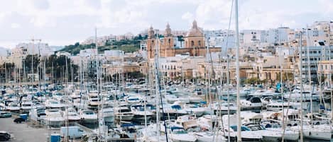 A marina filled with boats, a prominent church with two towers, and a hillside of buildings in the background.