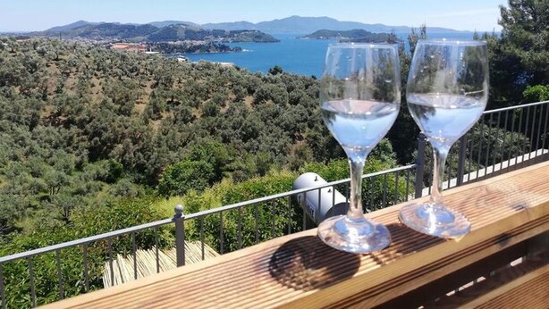 Two wine glasses on a wooden deck overlooking a coastal landscape with trees and a view of the sea. - 2br Suite White gea With Private Pool No01 (Skiathos)