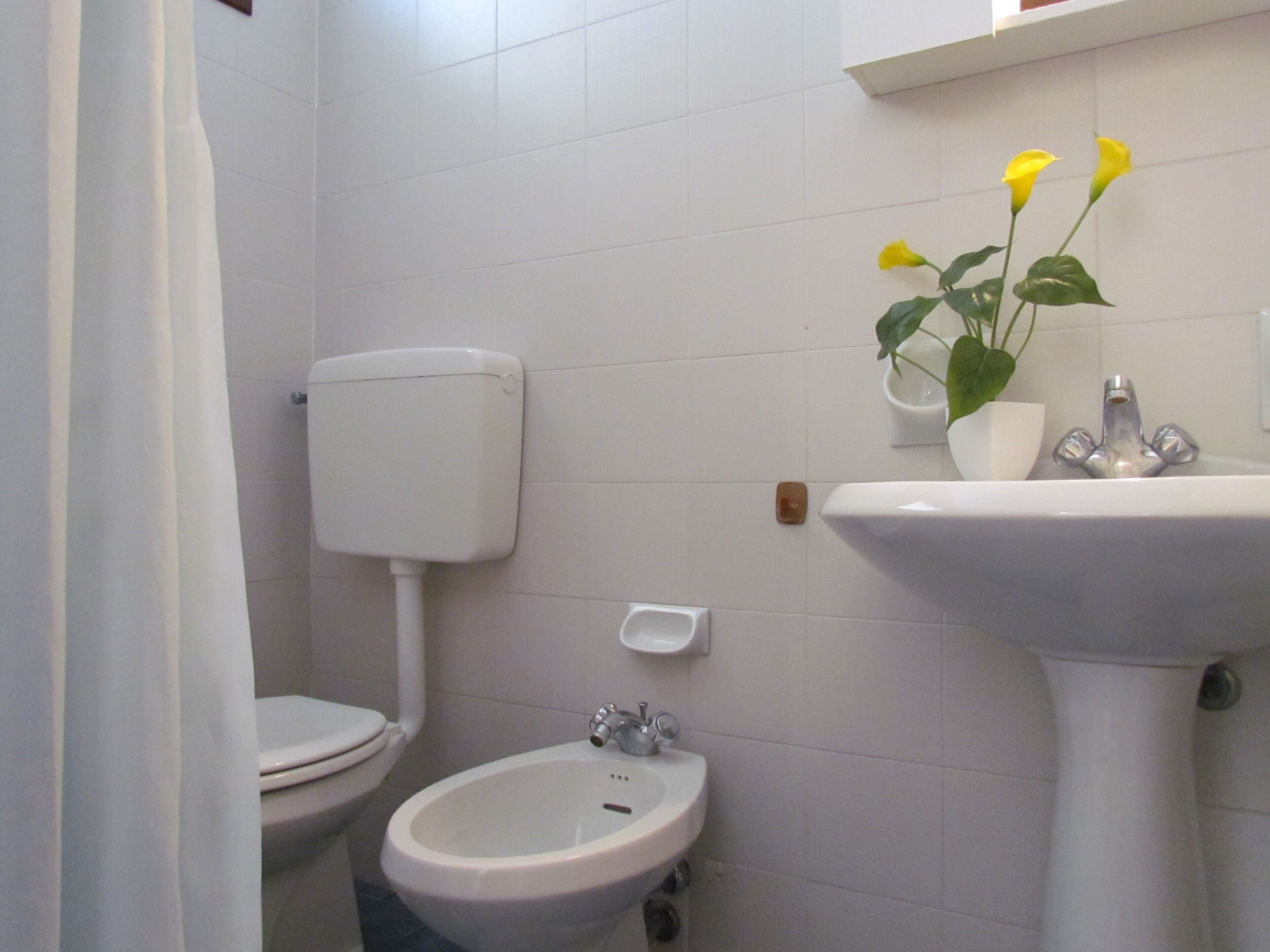 Ein Badezimmer mit Toilette, Bidet, Waschbecken und einer Pflanze mit gelben Blüten.