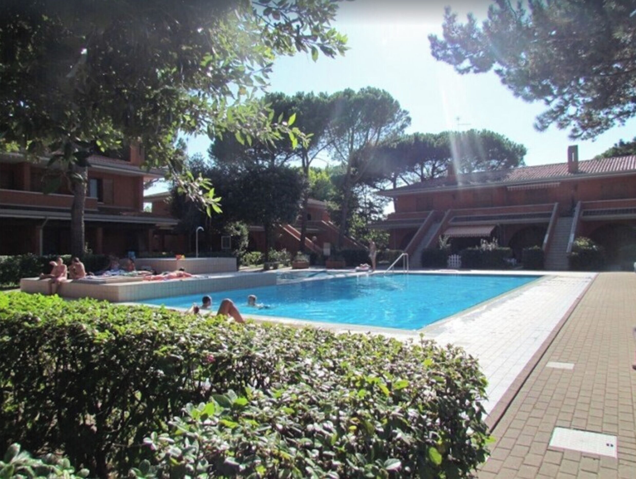 A swimming pool surrounded by greenery and buildings.