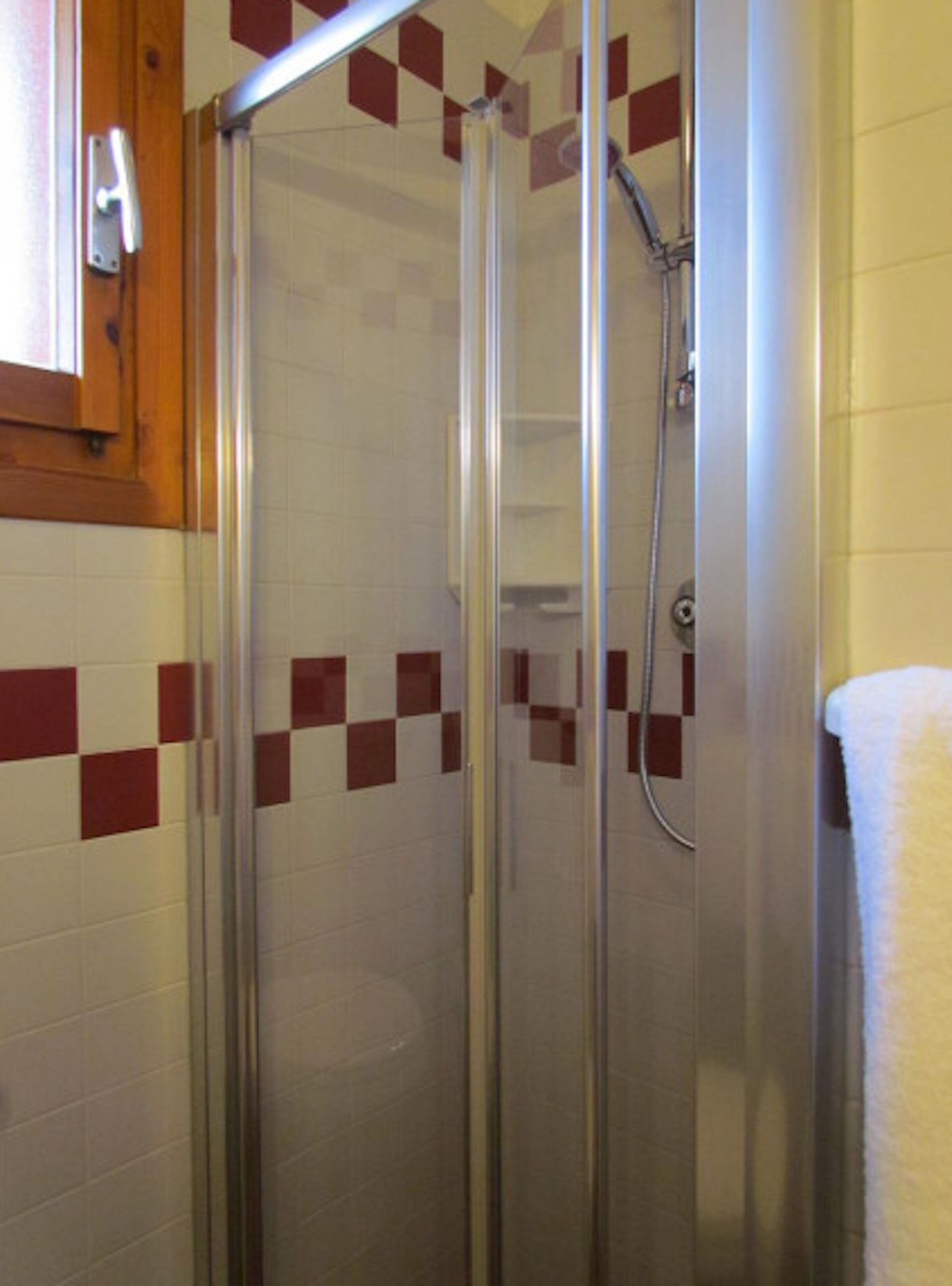 A glass-enclosed shower stall with a handheld showerhead, tiled walls with a checkered pattern, and a wooden door with a handle.