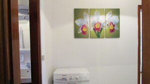 A laundry room with a front-loading washing machine, a sink, and a mirror. There are three framed pictures of flowers on the wall. - Lovely Flat With Garden and Shared Pool (San Michele al Tagliamento)